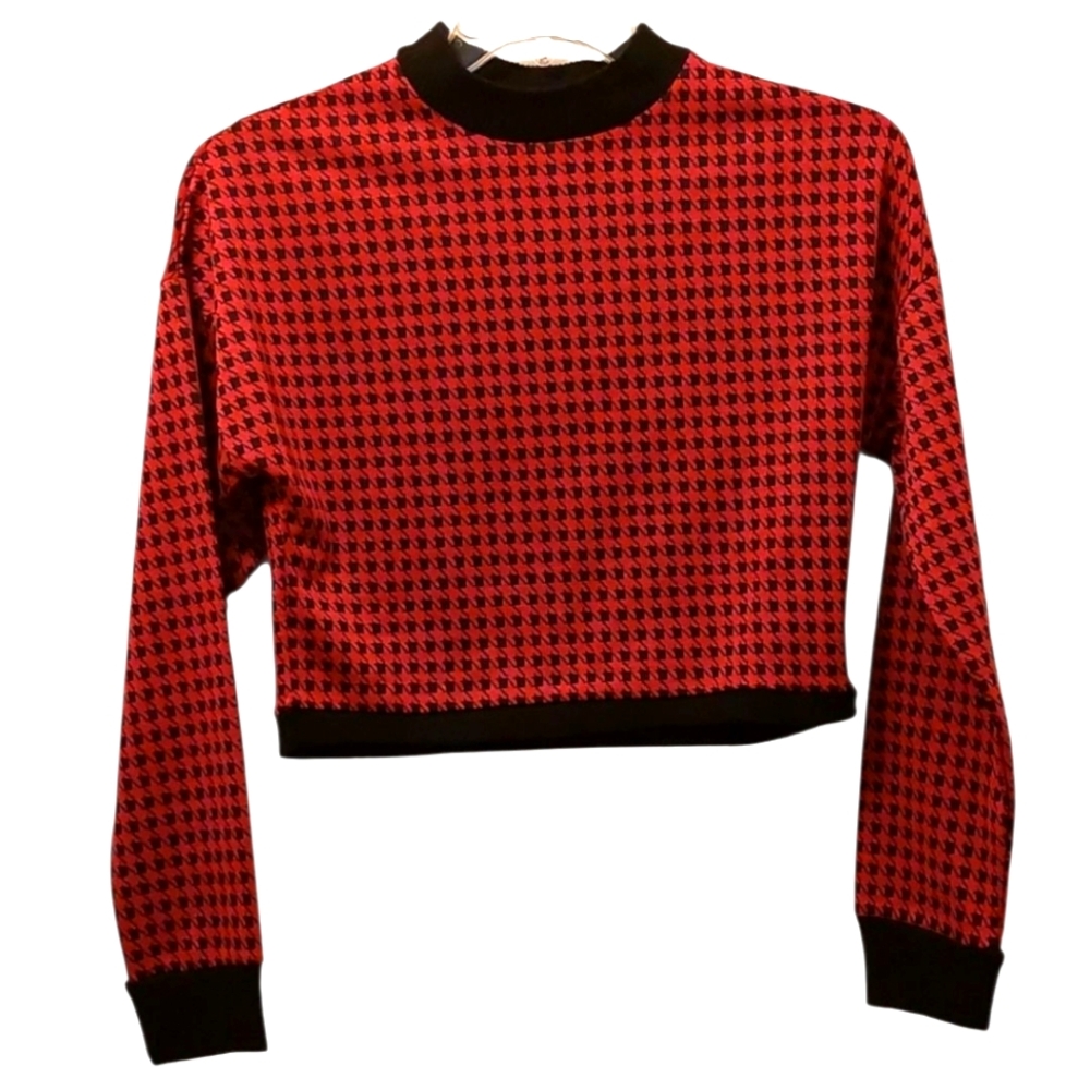 Popular 21 Houndstooth Crop Sweater Top L NWOT Pink Black NEW